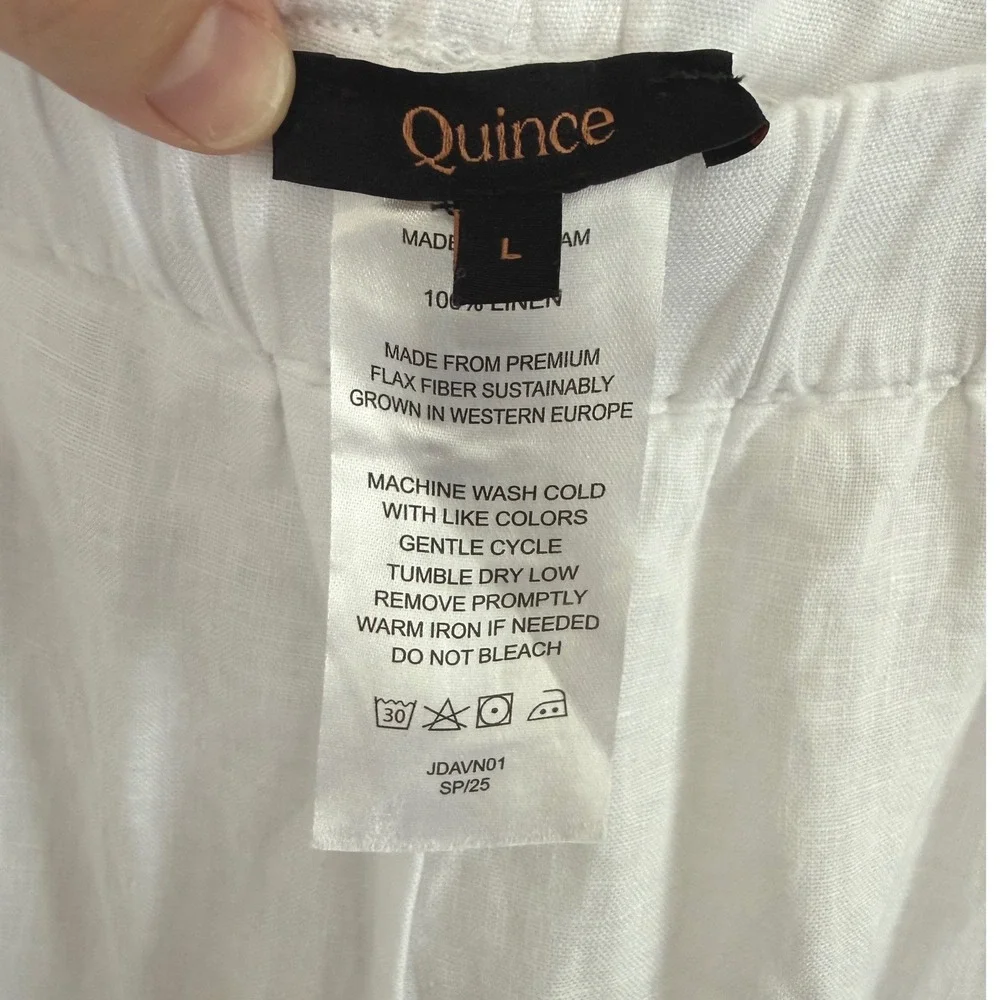 Quince Womens White 100% European Linen Straight Leg Elastic Waist Pants Sz L